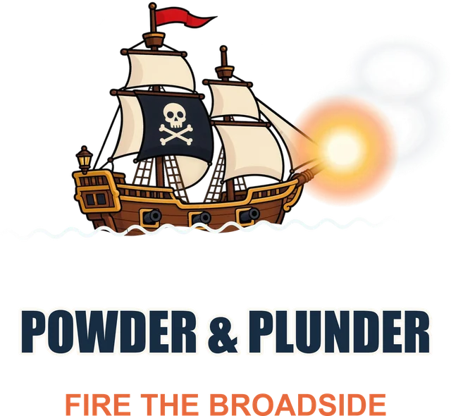 Powder & Plunder design: a pirate ship firing its cannon