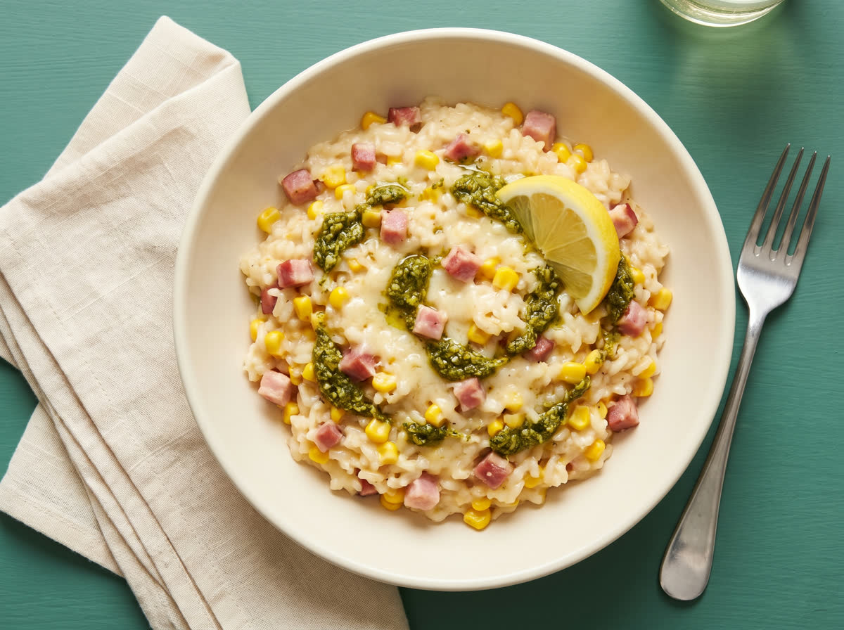 Overhead photo of bacon and pesto baked risotto with sweetcorn, parmesan and lemon