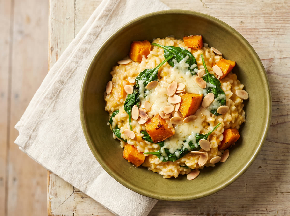 Overhead photo of baked pumpkin risotto with parmesan, baby spinach and flaked almonds