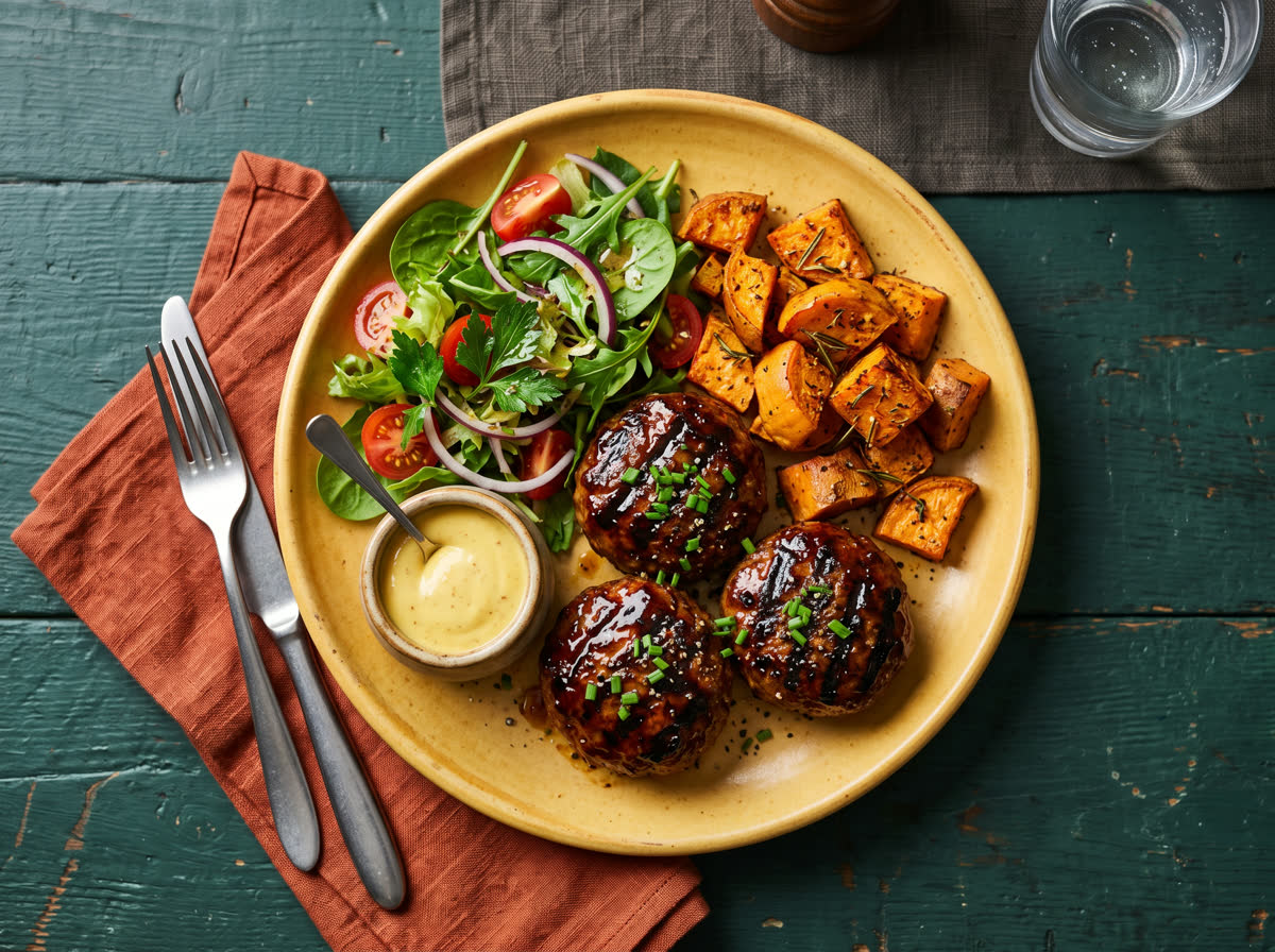 Overhead photo of beef rissoles glazed in sticky BBQ sauce with roast sweet potato and salad