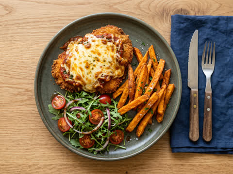 Chicken parmigiana with sweet potato fries and garden salad