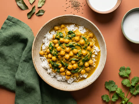 Chickpea and spinach curry with rice
