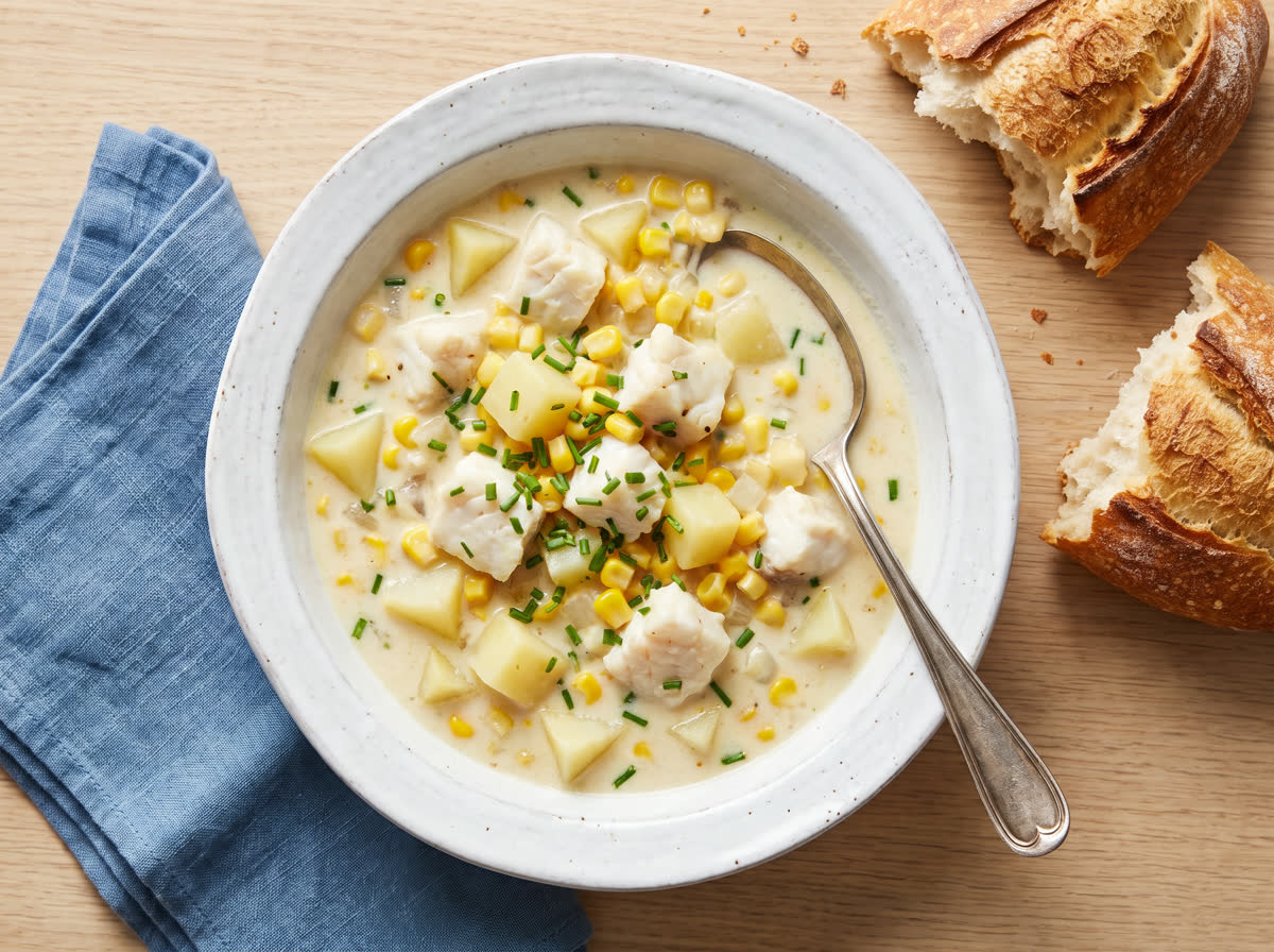Overhead photo of creamy fish and corn chowder with potato and fresh herbs