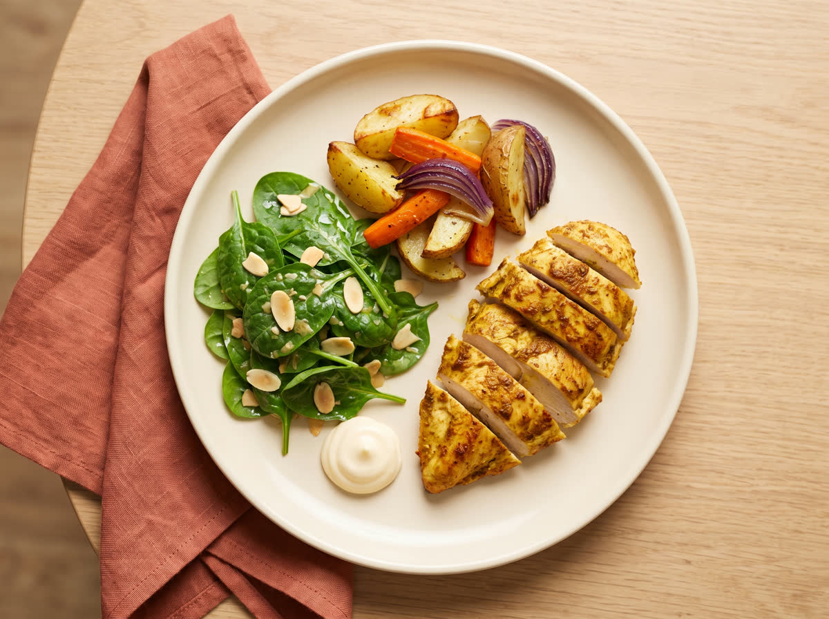 Overhead photo of curry-spiced chicken with roast veg medley and flaked almonds
