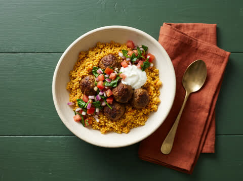 Middle Eastern beef meatballs with carrot couscous