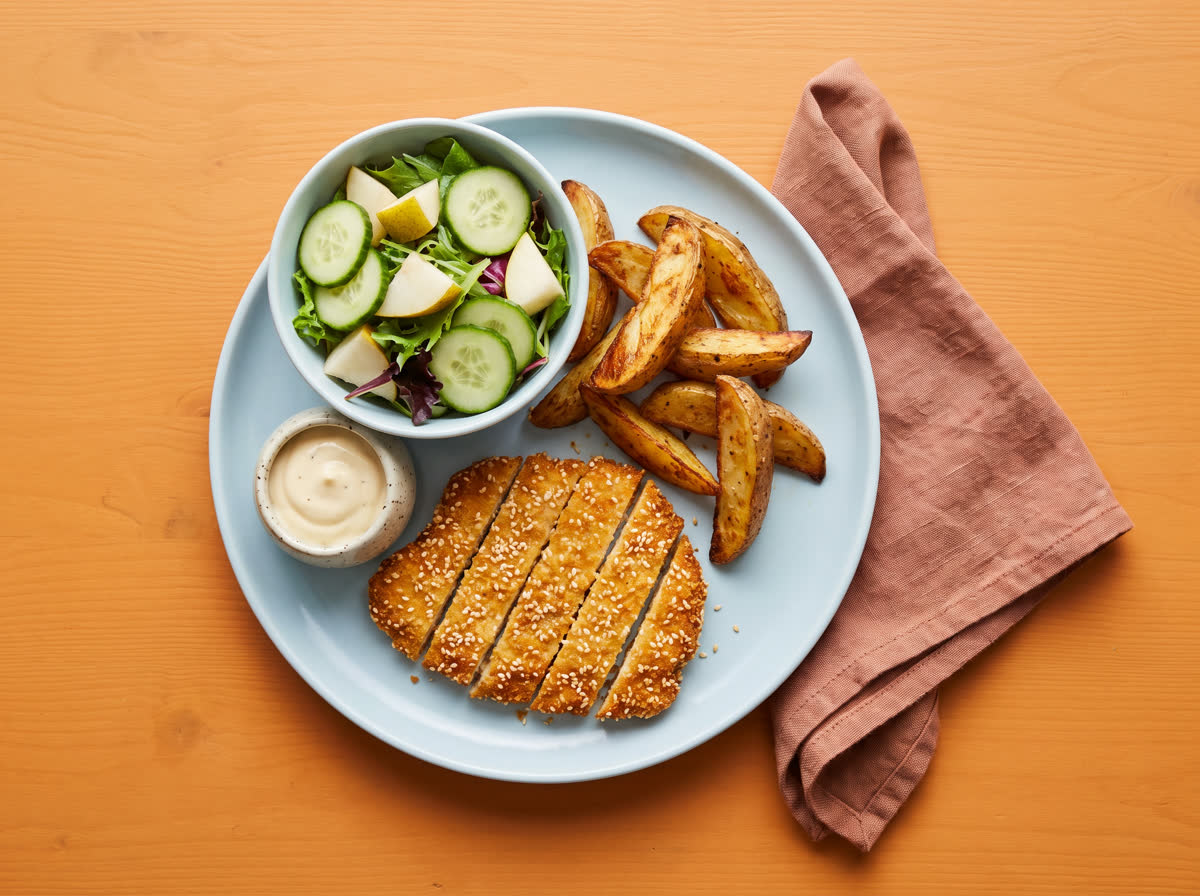 Overhead photo of sesame-crumbed chicken schnitzel with potato wedges, pear and salad