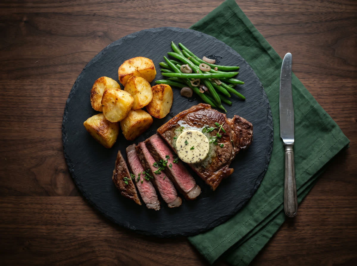 Overhead photo of pan-seared sirloin steak with melting truffle butter, roast potatoes and greens