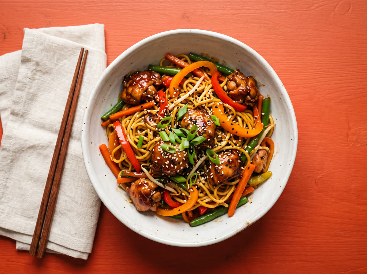 Overhead photo of sweet soy chicken and egg noodle stir-fry with capsicum, green beans and sesame seeds