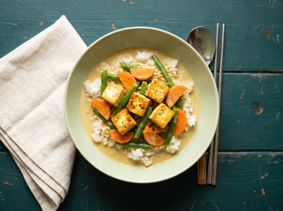 Overhead photo of tofu and veggie coconut curry with carrot and green beans over rice