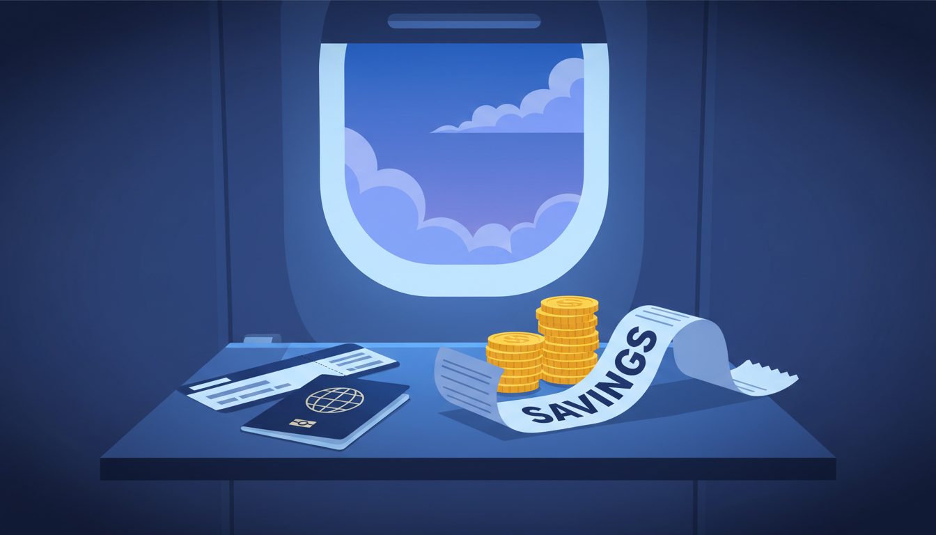 NeverFly key art — a boarding pass, passport, SAVINGS receipt and coins by a cabin window