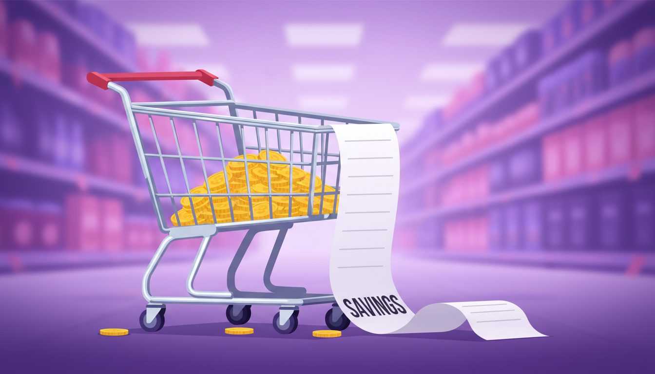 NeverShop key art — a trolley full of gold coins with a long SAVINGS receipt